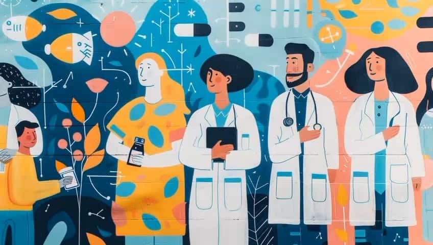 An illustrated PassQual Health mural of a care team alongside medicine and pharmacy icons