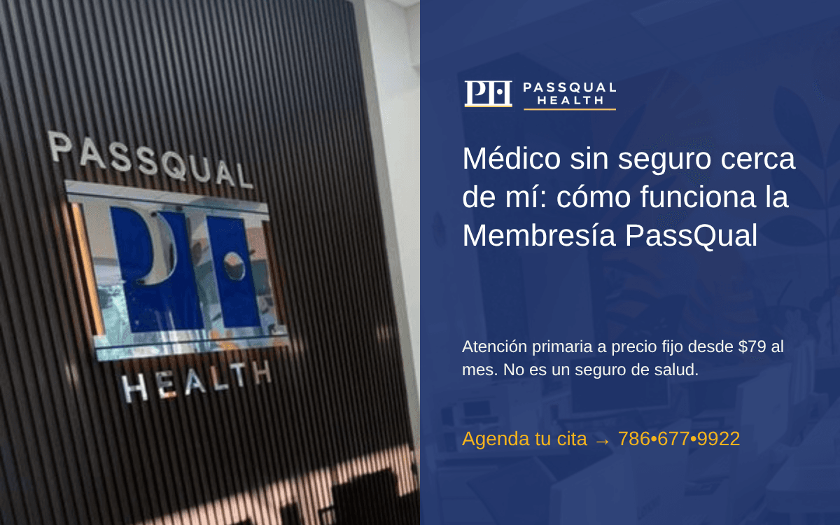 Recepción de la clínica PassQual Health en Miami Gardens con el título sobre la Membresía PassQual para pacientes sin seguro