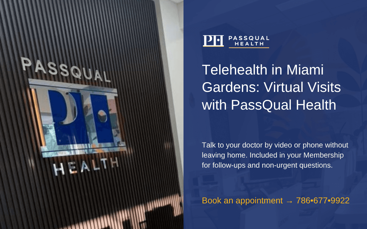 Adult patient talking with their PassQual Health doctor during a telehealth visit in Miami Gardens