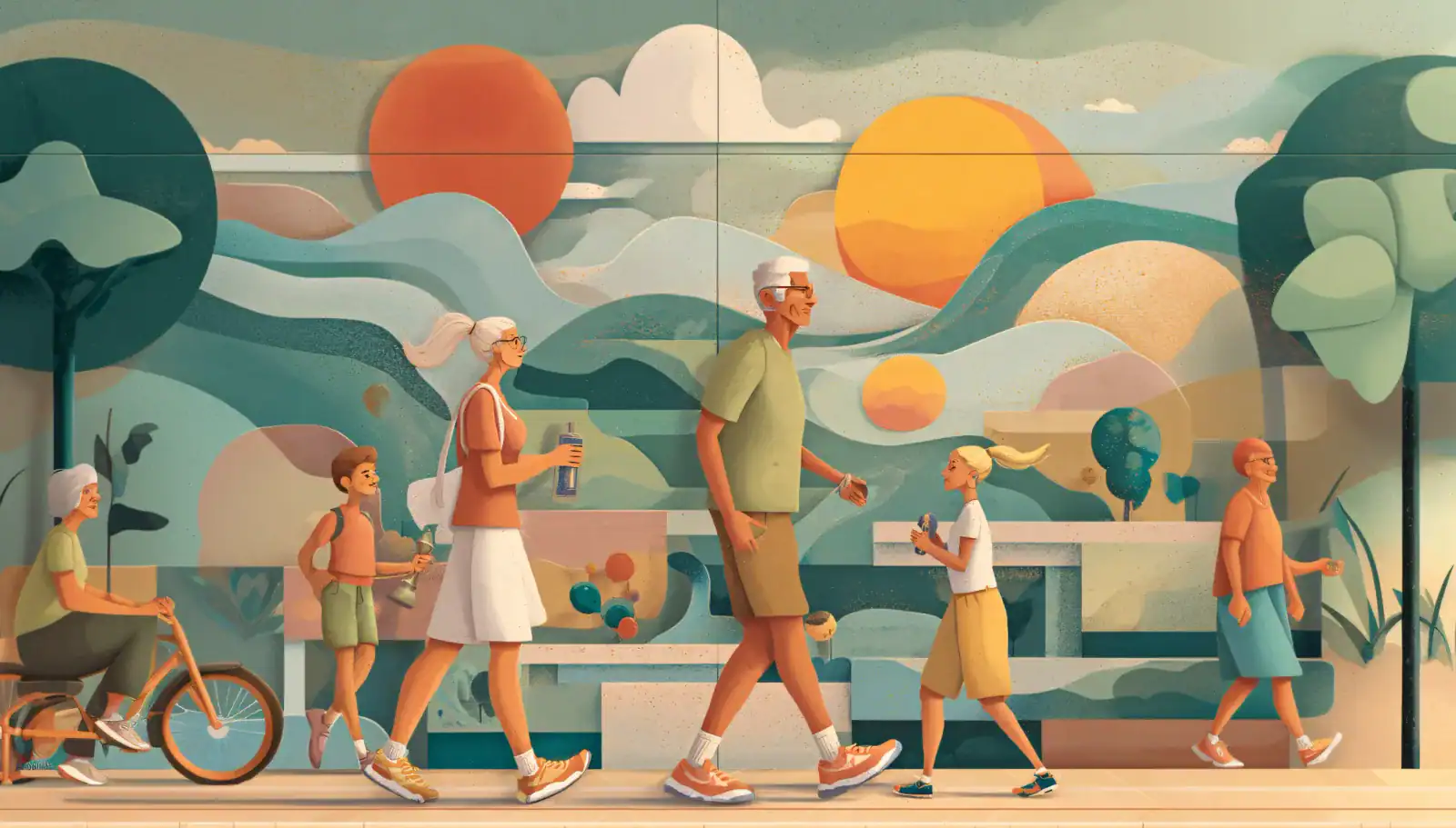 A mural by artist Rigo León at PassQual Health showing a diverse group of community members walking together outdoors