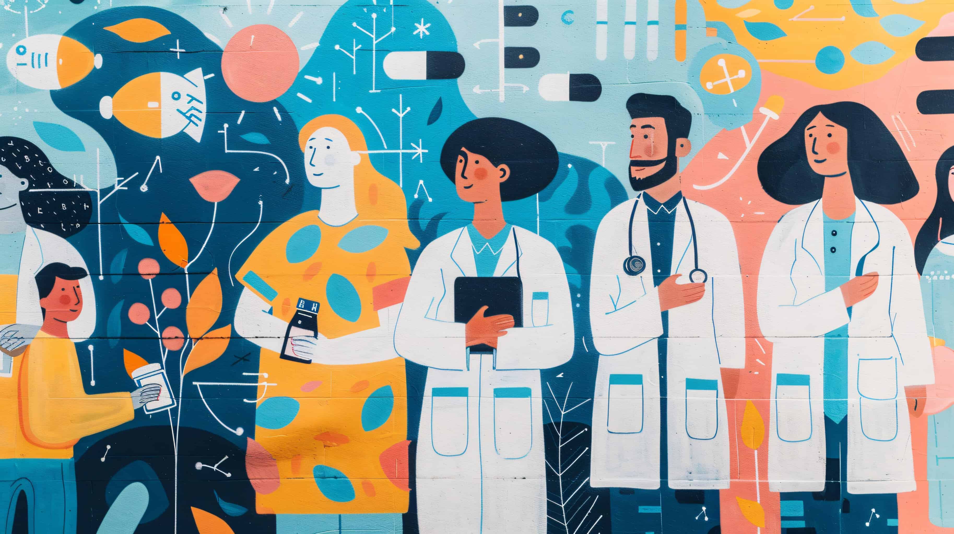 A colorful mural by artist Rigo León at PassQual Health showing illustrated clinicians and a patient